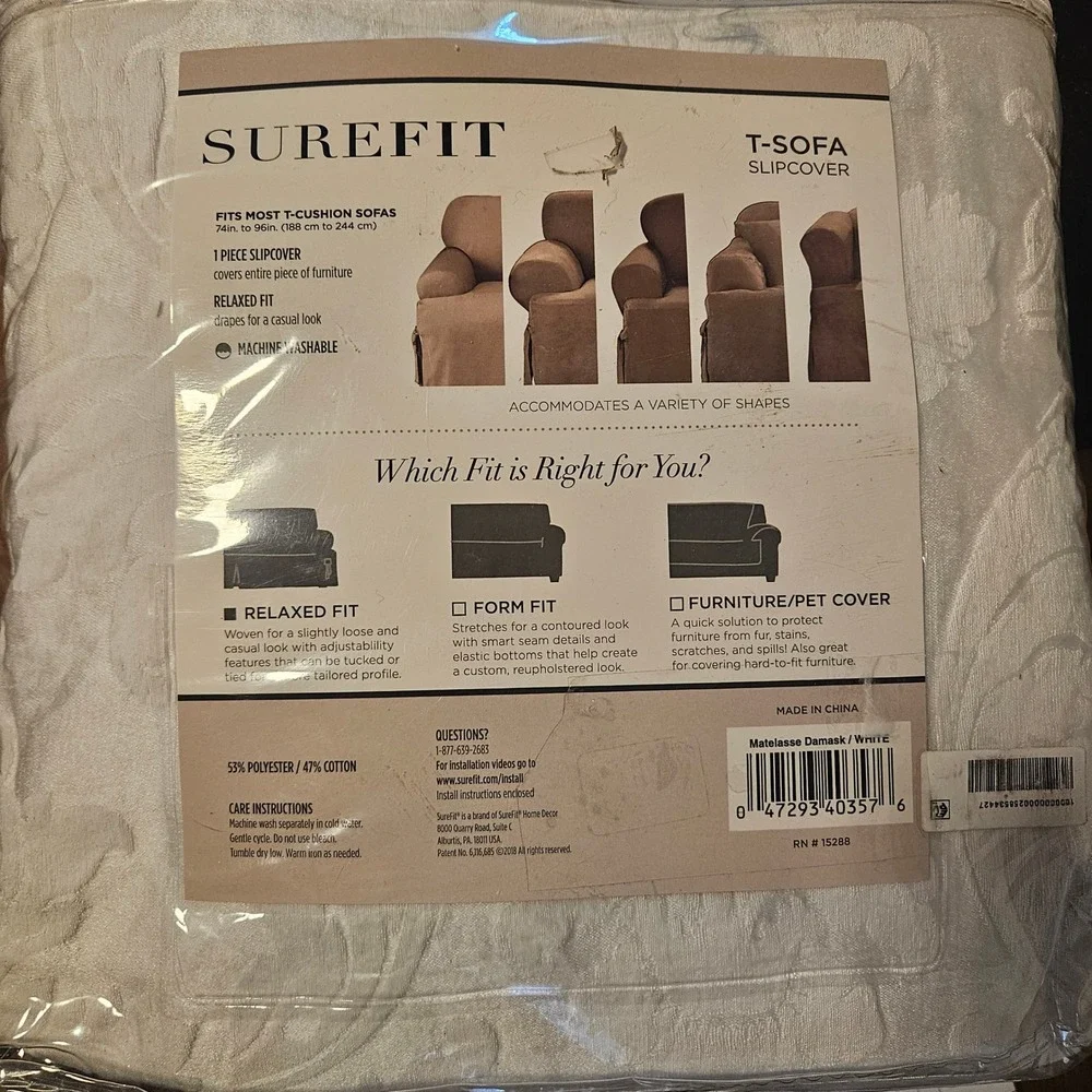 Surefit T-Sofa Slipcover Matelasse Damask White 1-Piece Relaxed Fit T-Cushion